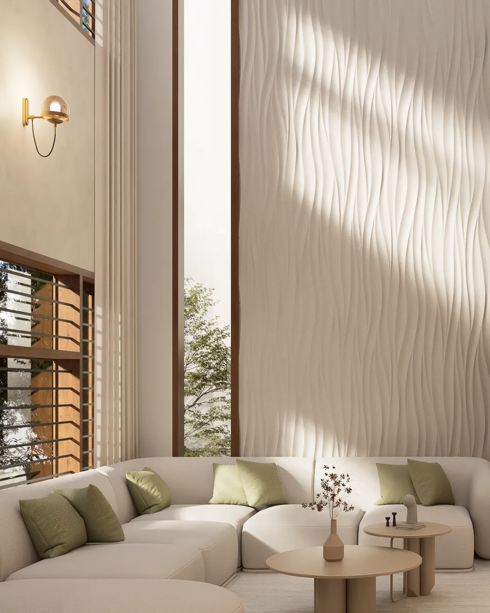 Living room with a double-height textured wall and a curved white sofa