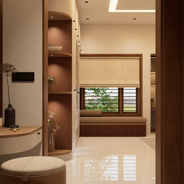 Dressing table with curved shelves and a window seat beyond