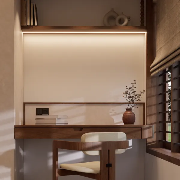 Floating study desk under a lit shelf