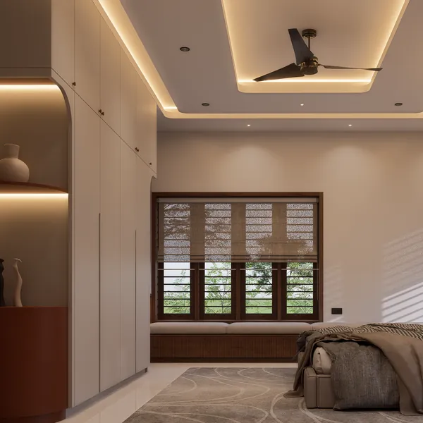 Bedroom window seat with a built-in wardrobe
