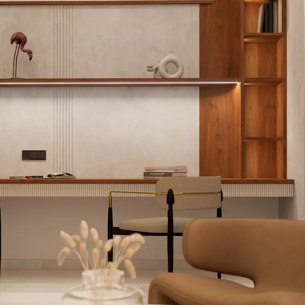 Study wall with walnut shelving