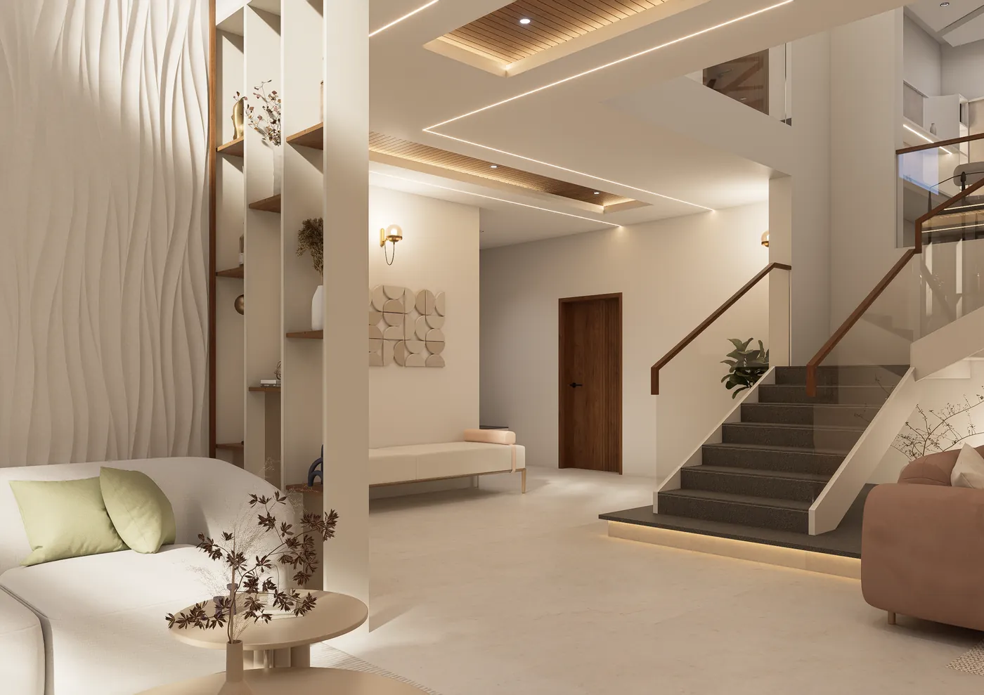 Curved white sofa beside the staircase