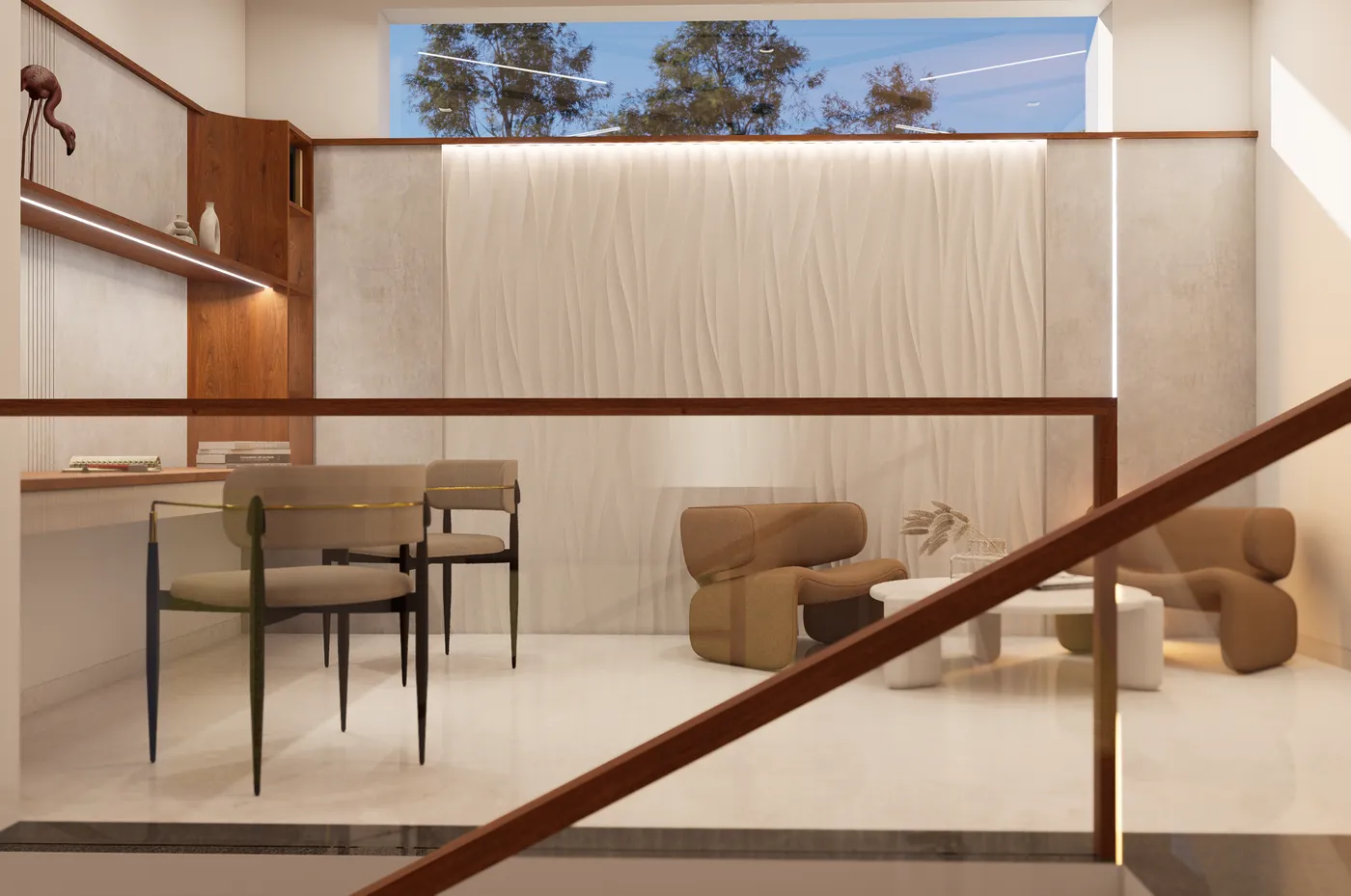 Study desks seen across the stair railing