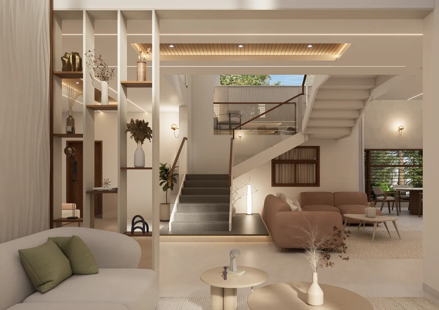 Living room seen through open display shelving