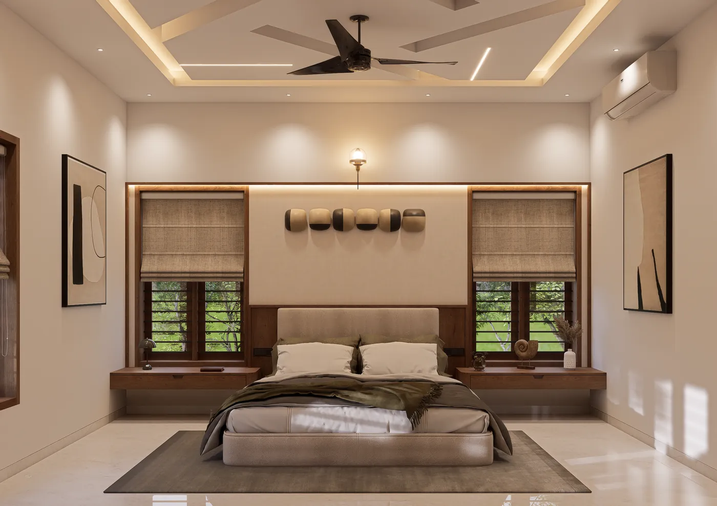 Calm bedroom with a panelled headboard and twin windows