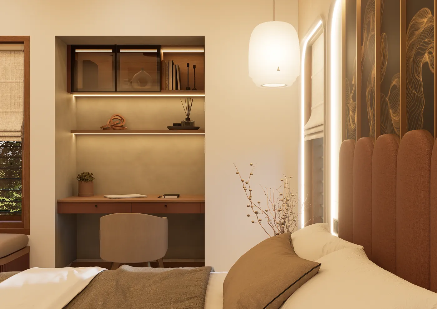 Study niche with lit shelves beside a bed