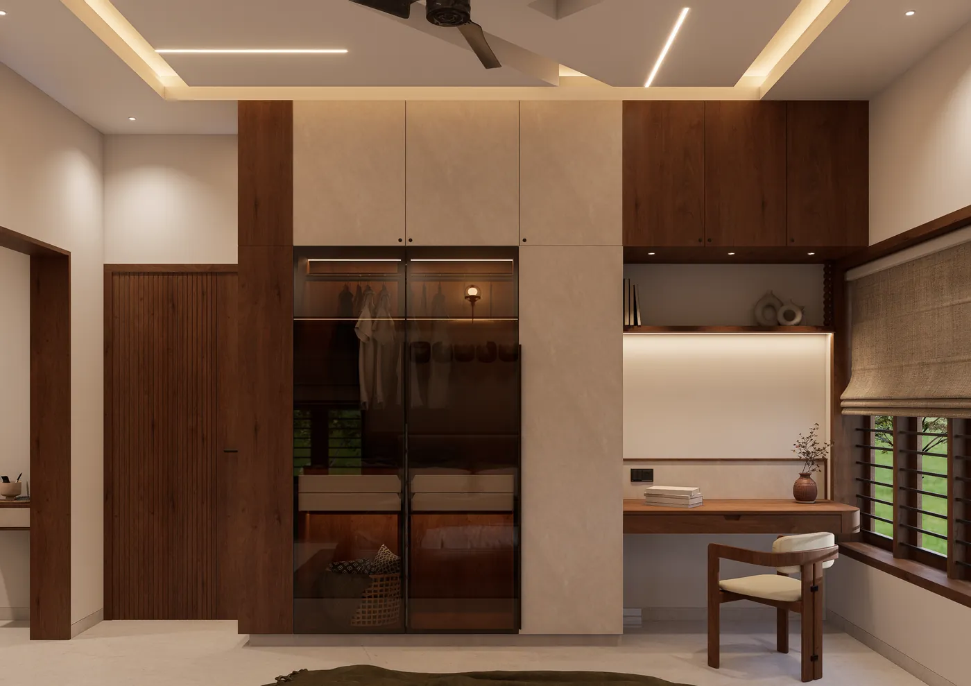 Glass-fronted wardrobe beside a built-in study desk