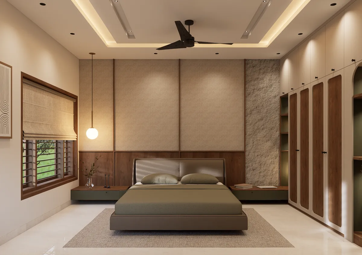 Bedroom with walnut-panelled wardrobes and an upholstered bed