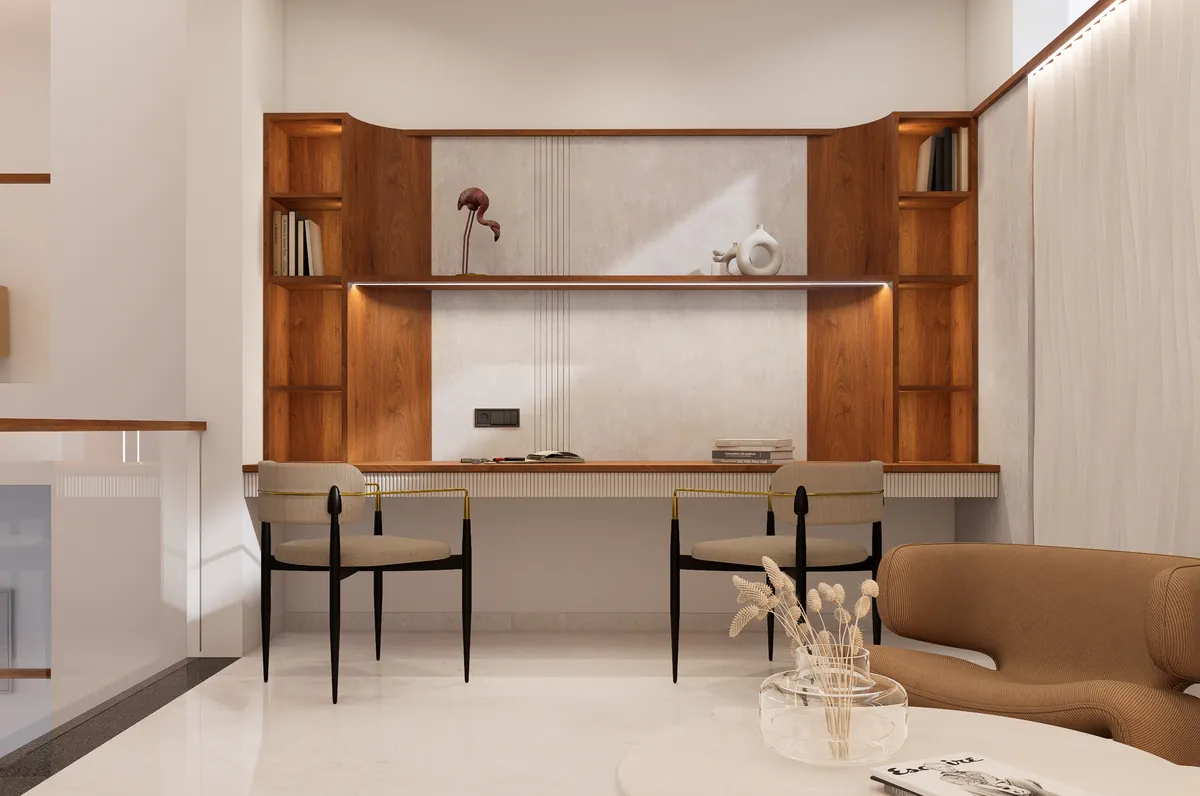 Built-in study desks with walnut shelving