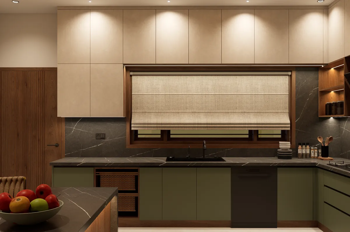 Olive green modular kitchen with stone-look counters and a Roman blind