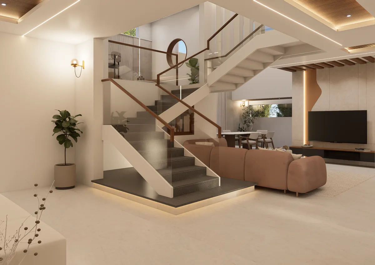 Open plan home with a floating staircase, living and dining