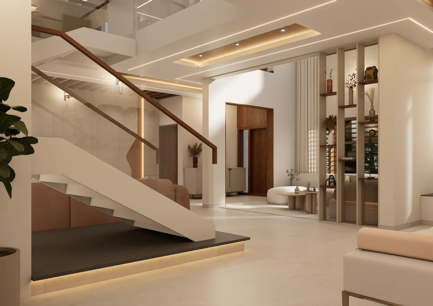 Floating white staircase rising beside the living room