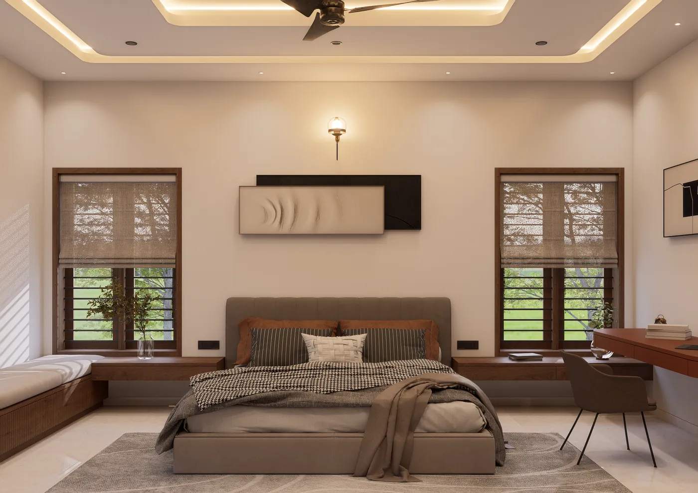 Bedroom with a grey upholstered bed between two garden windows