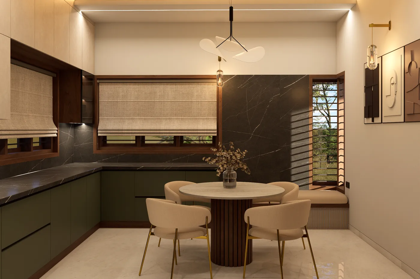 L-shaped olive kitchen with a round breakfast table