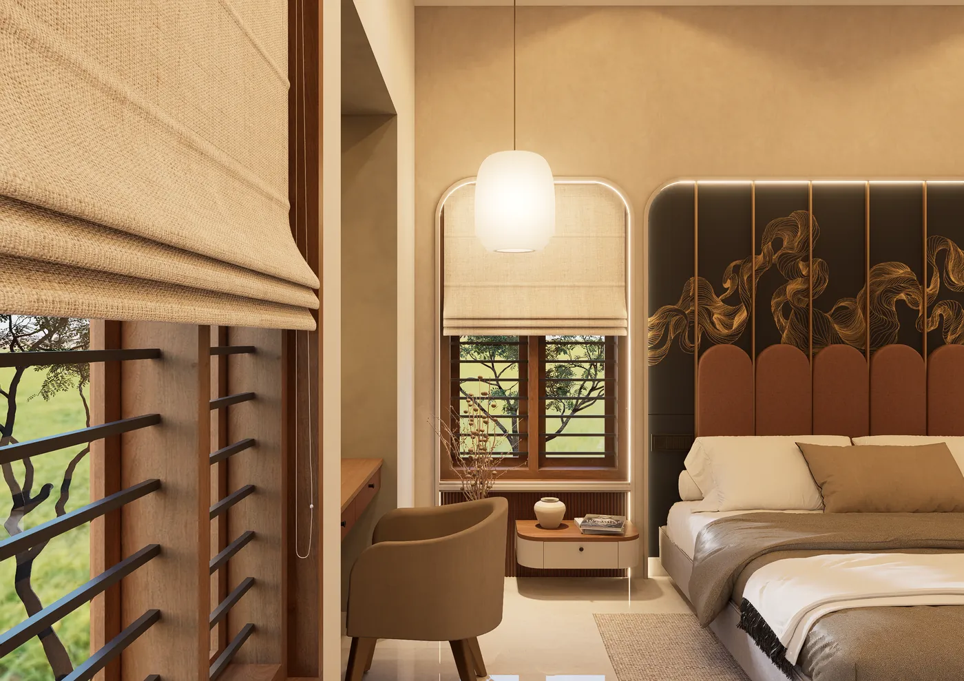 Bedroom with a gold-patterned headboard and a garden window