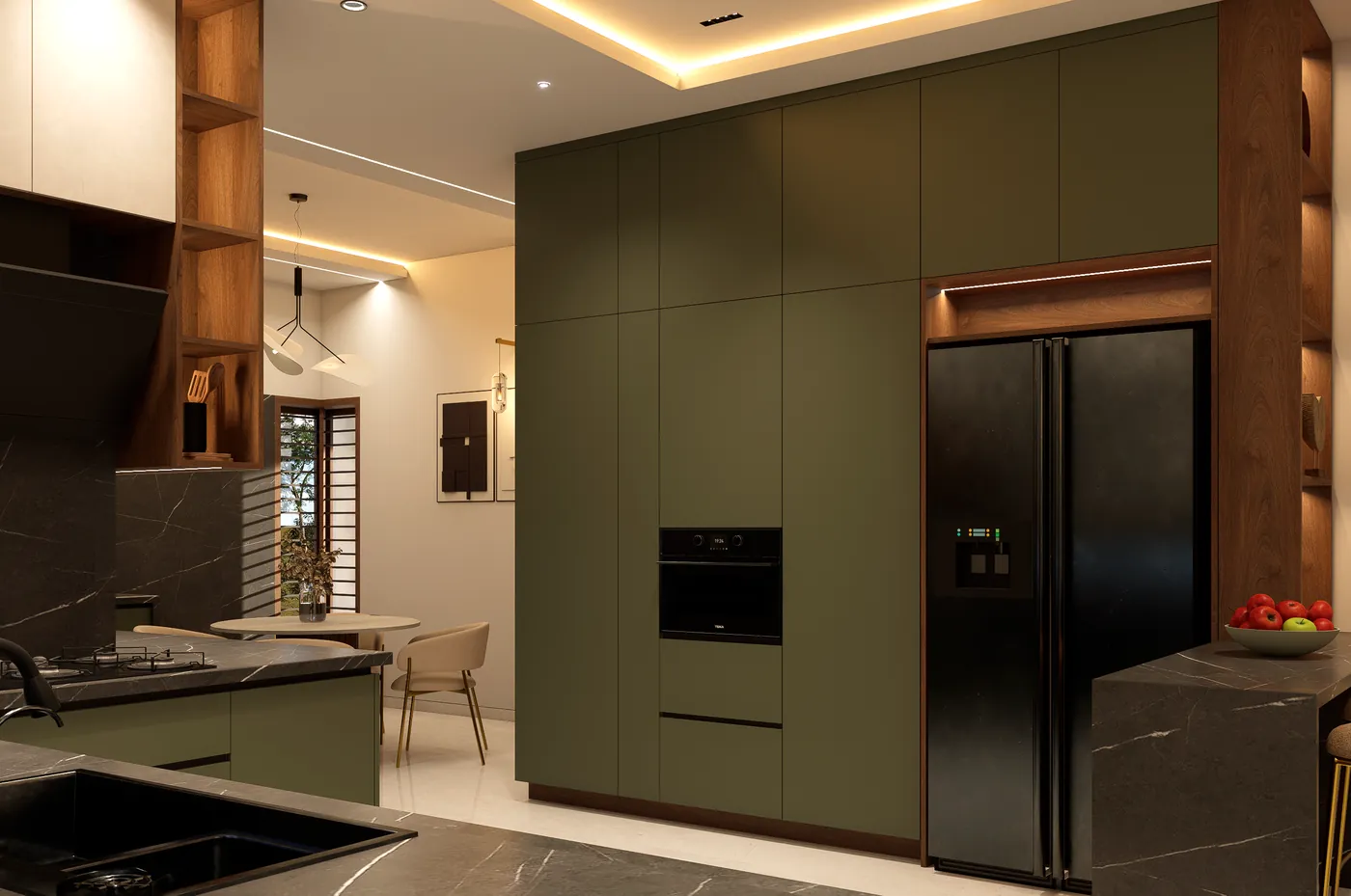 Tall olive green kitchen units with a built-in oven and black fridge