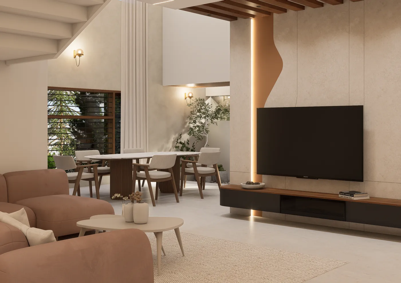 Living room with a backlit media wall, blush sofas and dining beyond