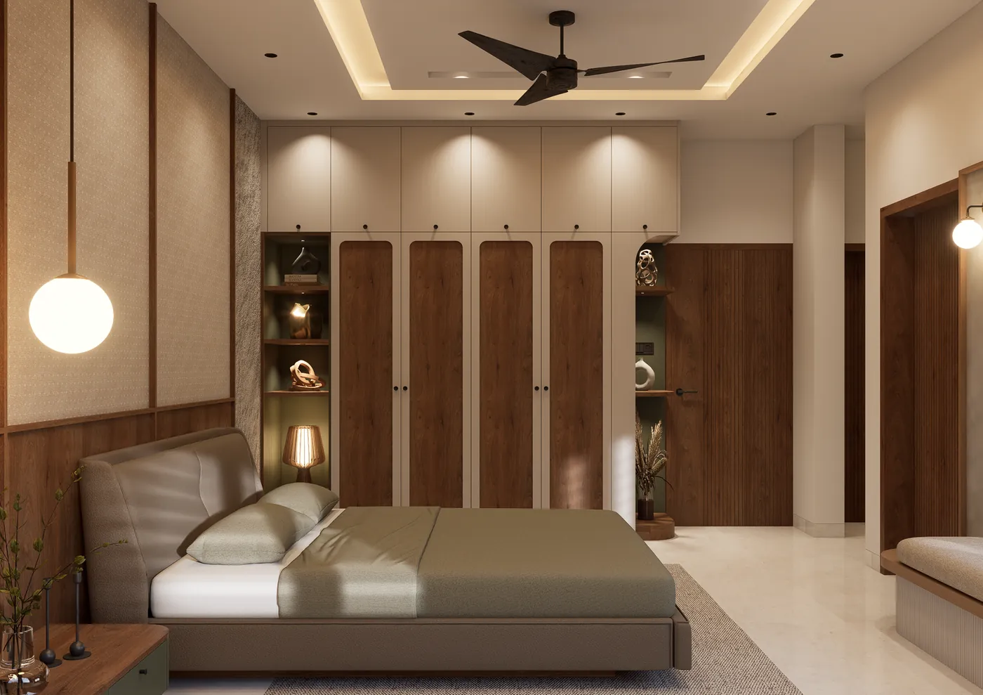 Bedroom with walnut wardrobes, display shelves and a globe pendant