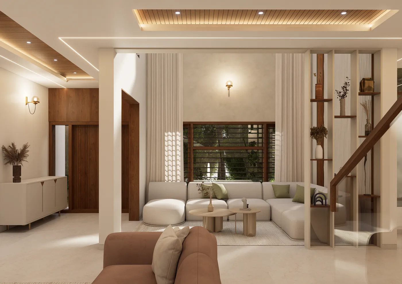 White sectional sofa framed by a column and display shelving