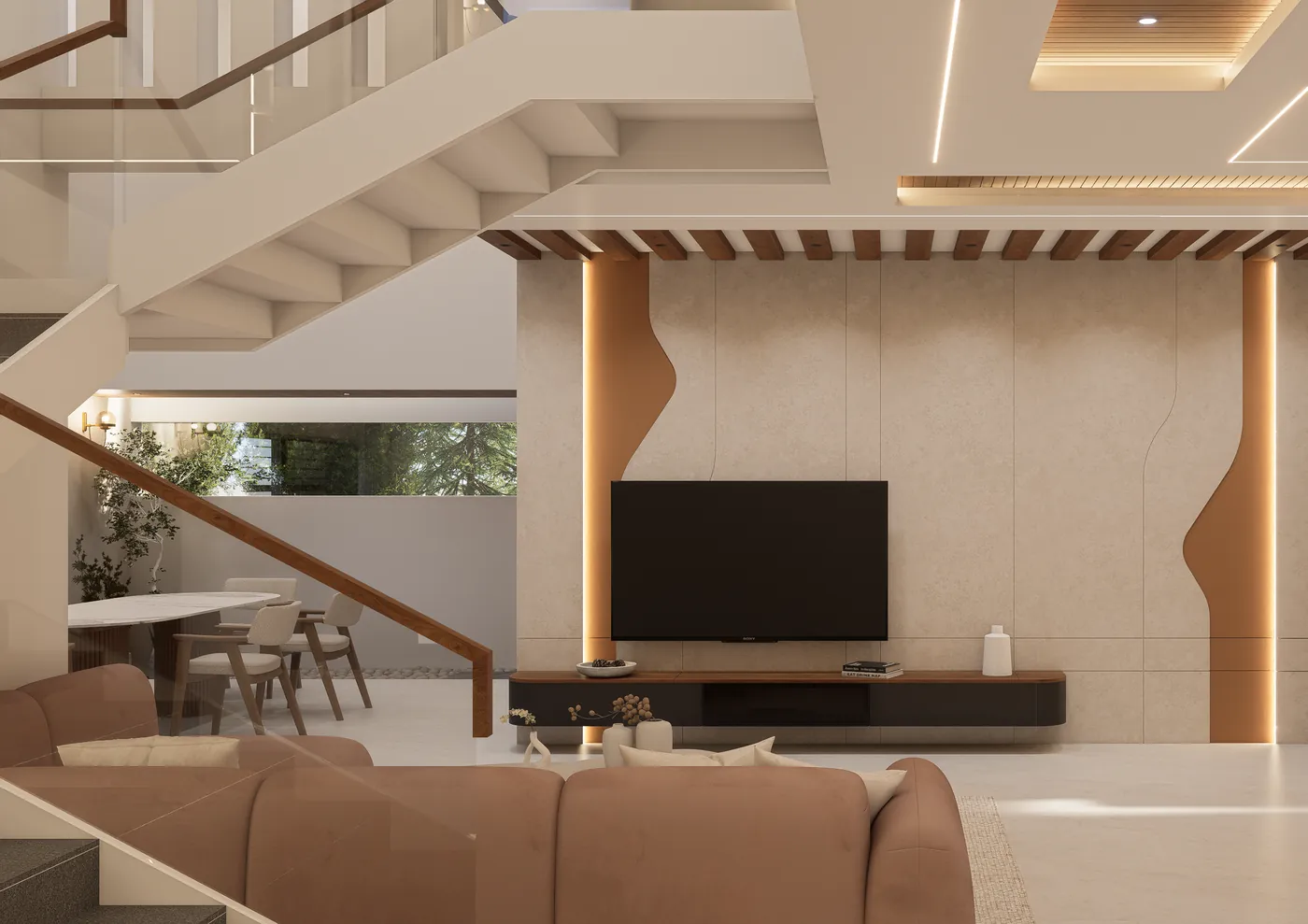Media wall and dining seen from beneath the staircase